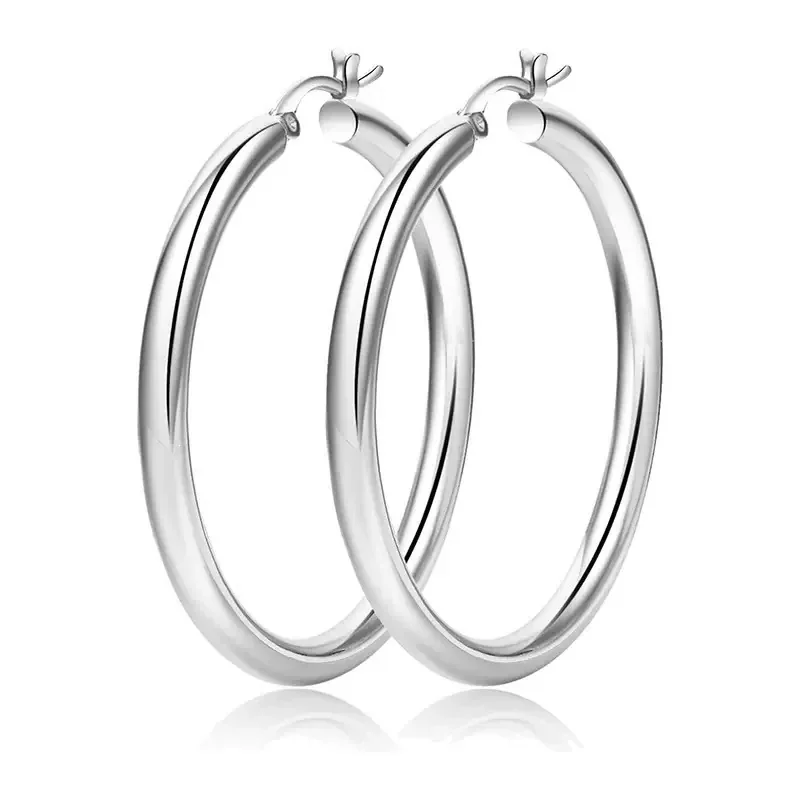 Polished Gold-Plated Round Tube Hinged Hoop Earrings - Silver