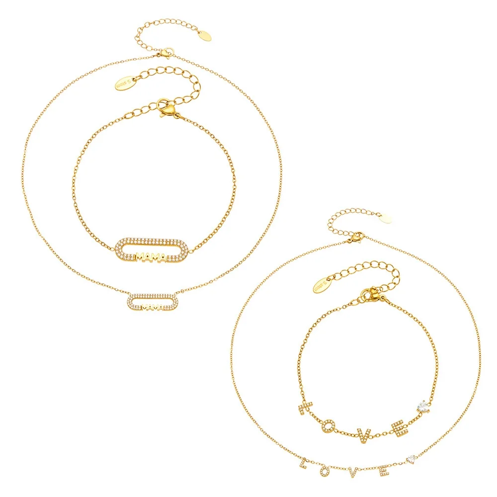 LOVE & MAMA 316L Stainless Steel CZ Letter PVD Jewelry Set