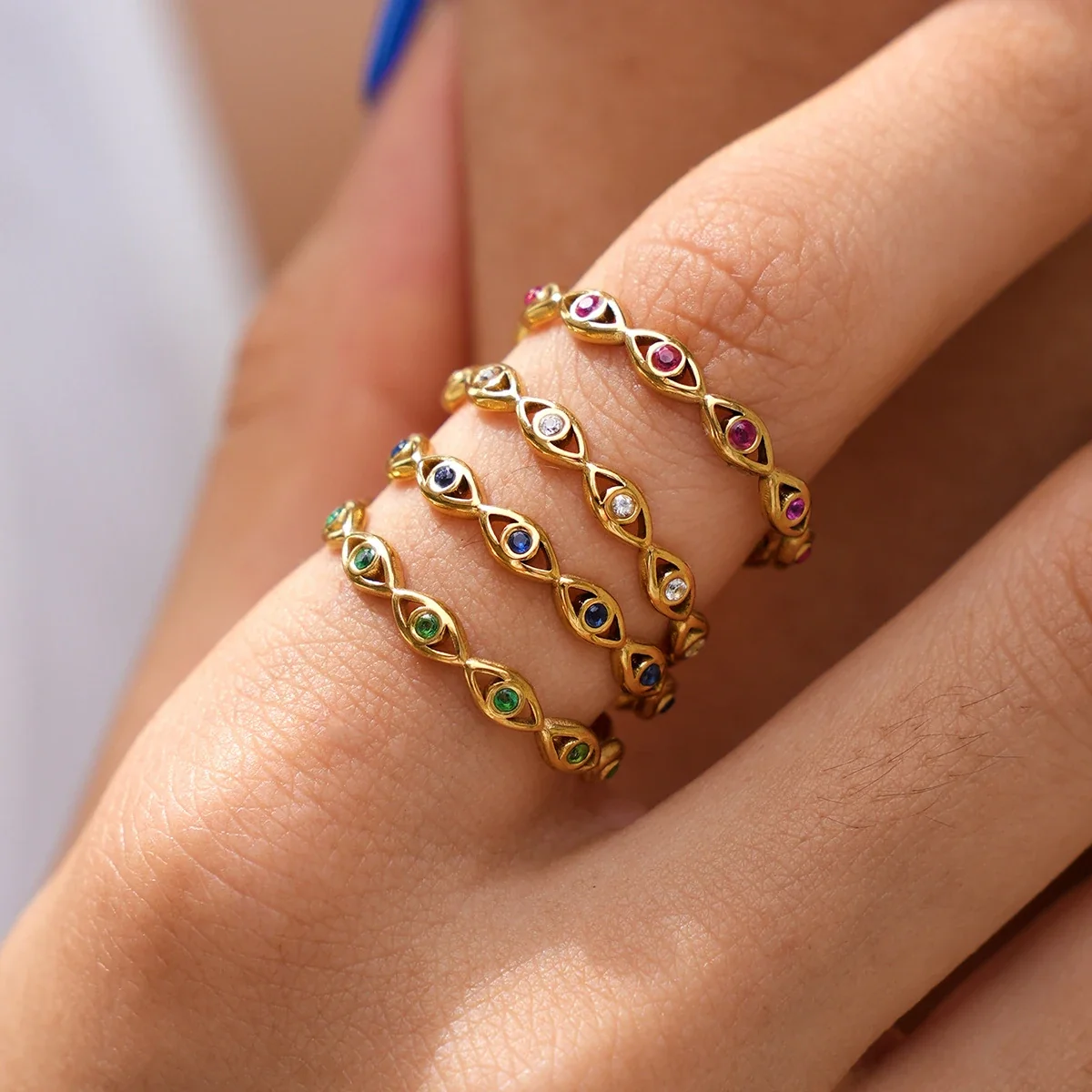 Ring: Evil Eye-kristal open verstelbaar, goud PVD roestvrij staal productfoto