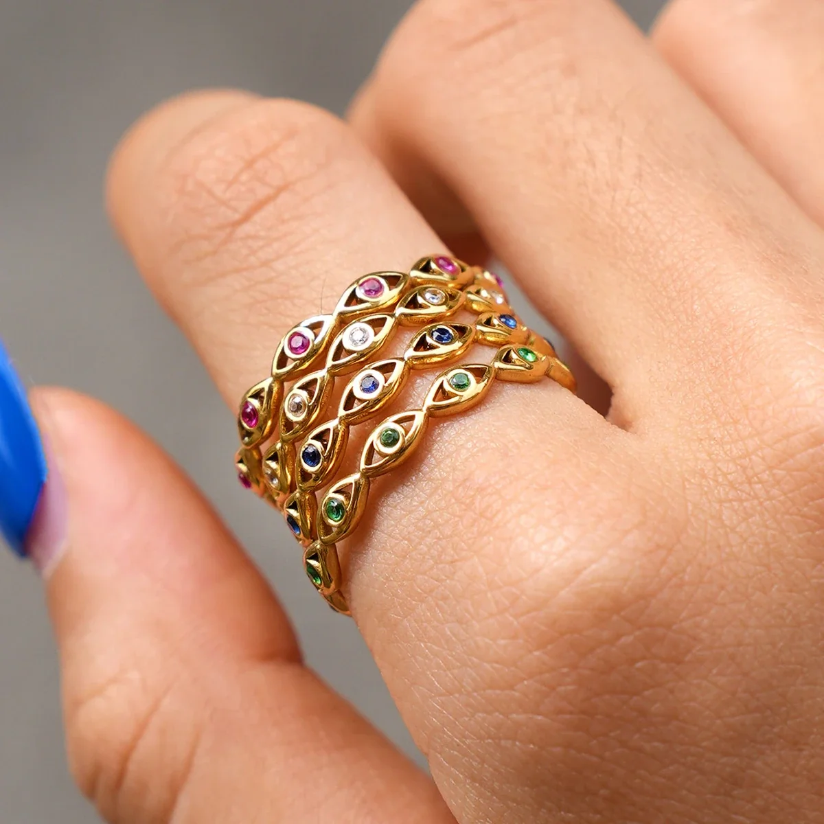 Ring: Evil Eye-kristal open verstelbaar, goud PVD roestvrij staal productfoto