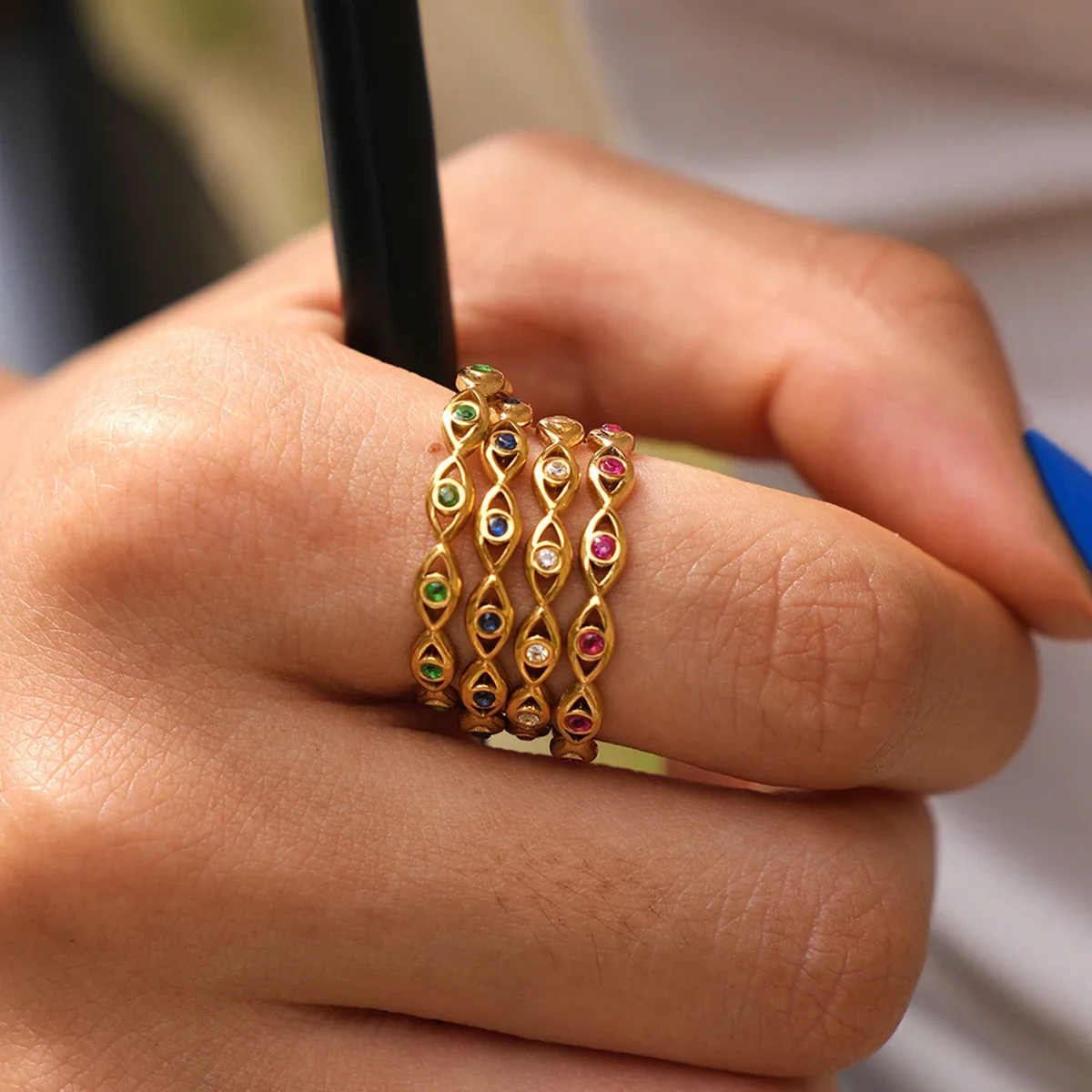 Ring: Evil Eye-kristal open verstelbaar, goud PVD roestvrij staal productfoto