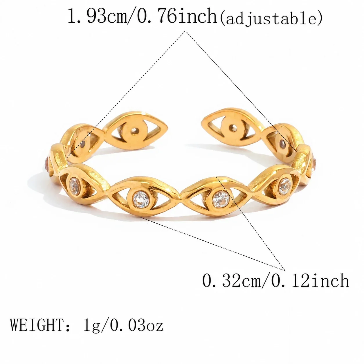 Ring: Evil Eye-kristal open verstelbaar, goud PVD roestvrij staal productfoto
