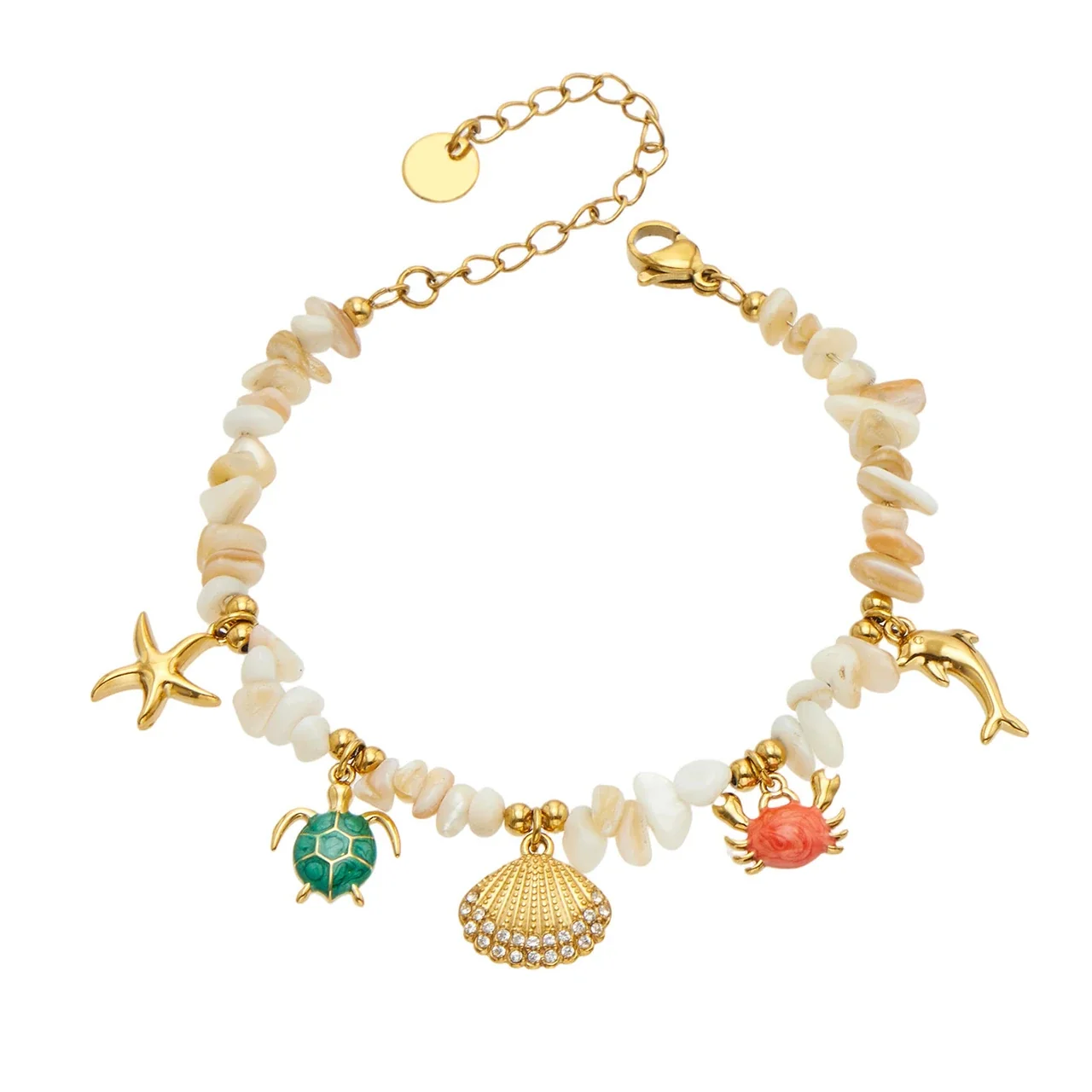 Coastal 18K Gold PVD Shell Chip Sea Charm 316 Stainless Steel Bracelet