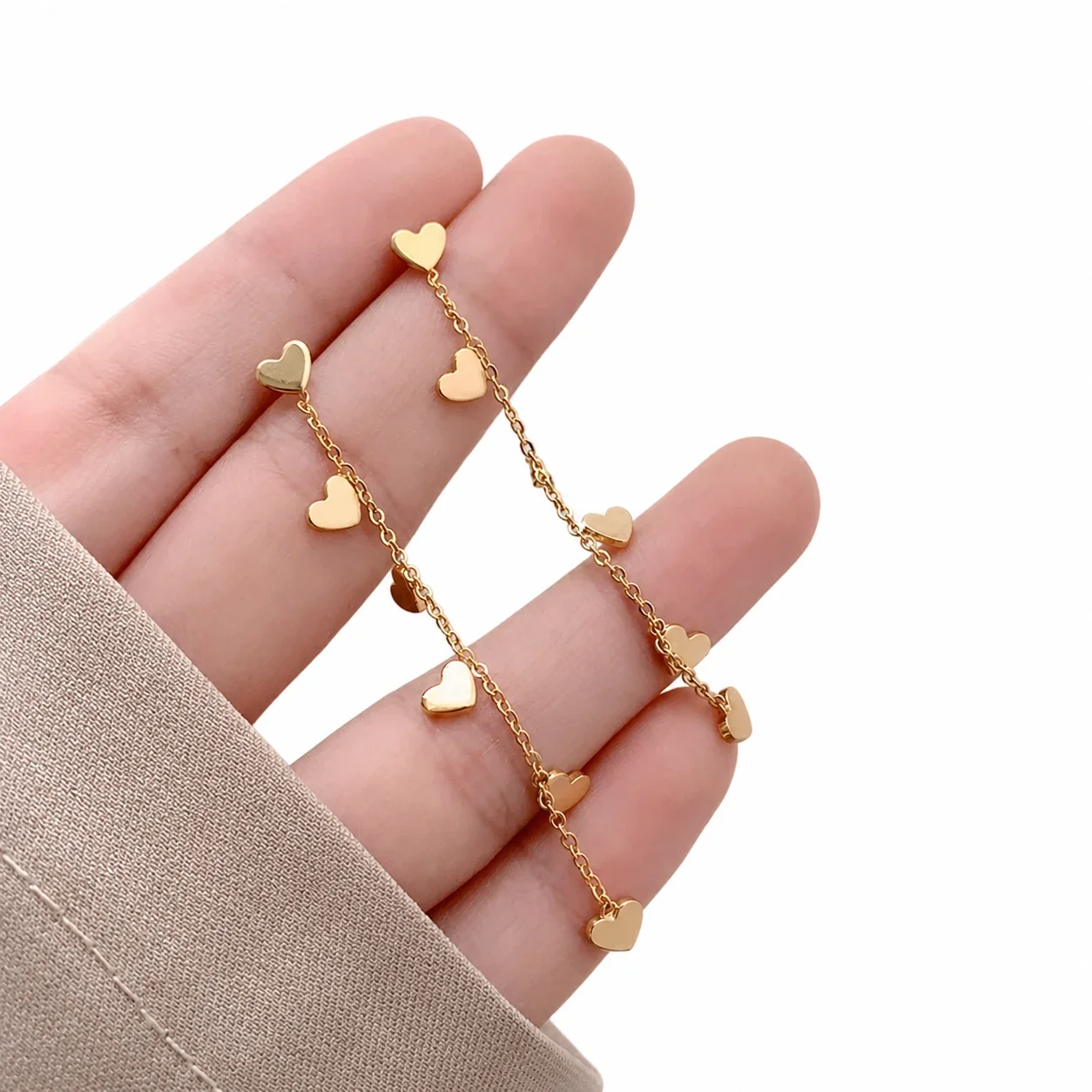 Romantic Gold-Tone Heart Charm Chain Drop Earrings