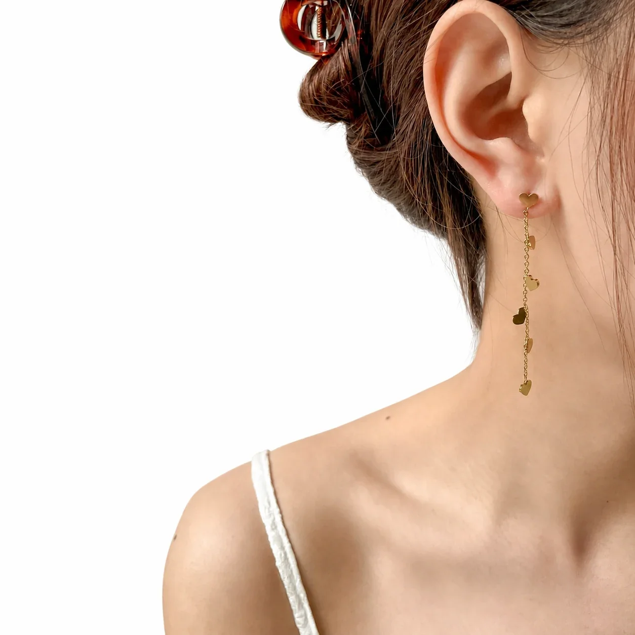 Romantic Gold-Tone Heart Charm Chain Drop Earrings