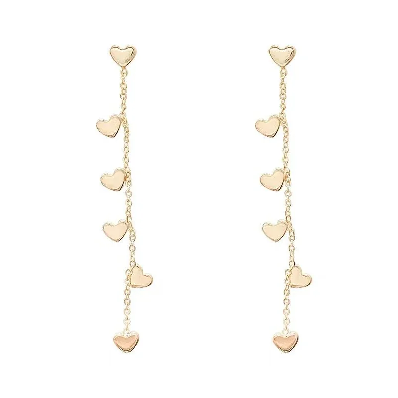 Romantic Gold-Tone Heart Charm Chain Drop Earrings