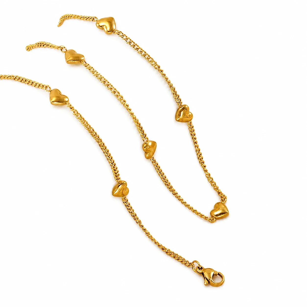 Sweet Gold-Plated Stainless Steel Puffy Heart Curb Chain Jewelry Set