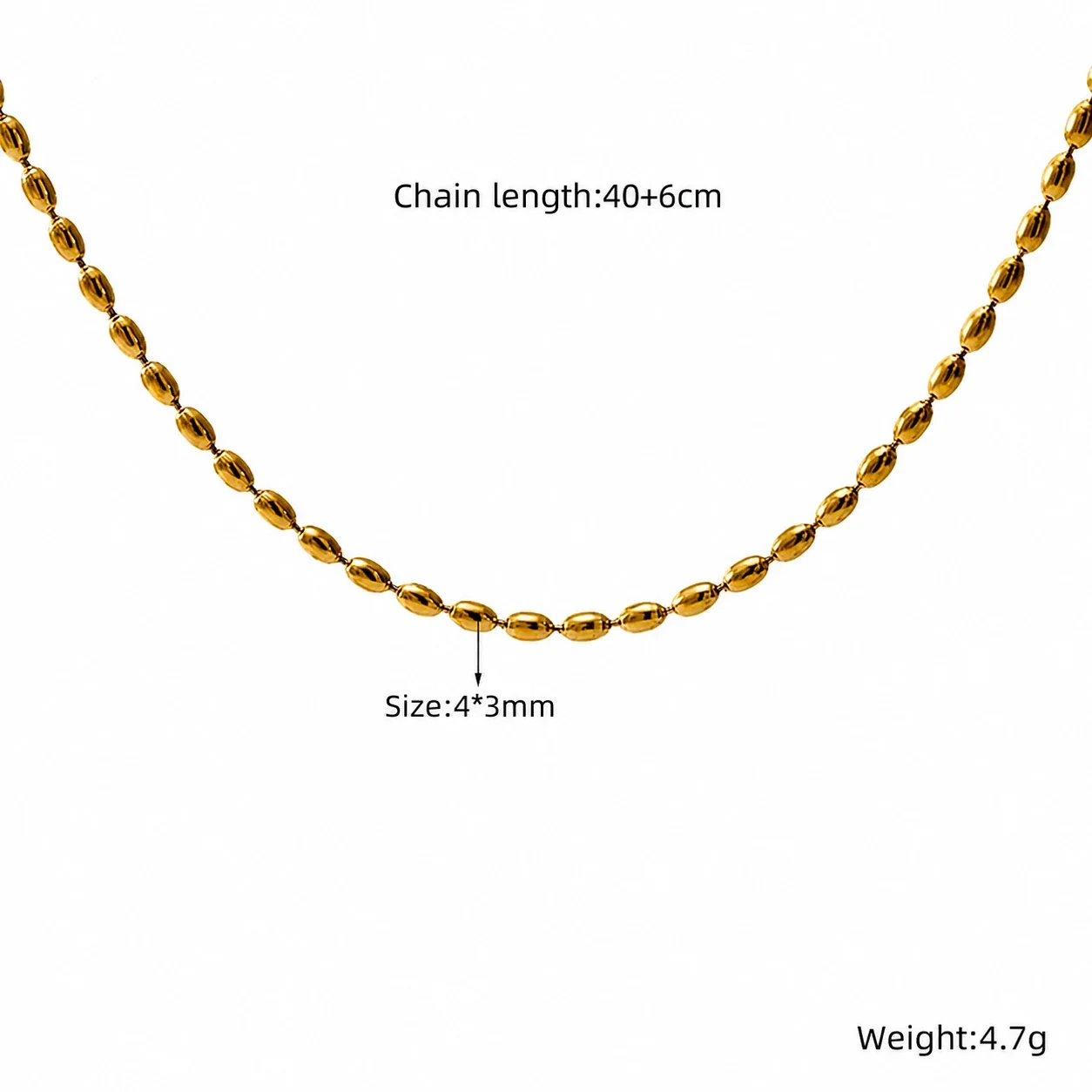 Polished 18K Gold-Plated 316 Stainless Steel Oval Bead Chain Necklace - Gold