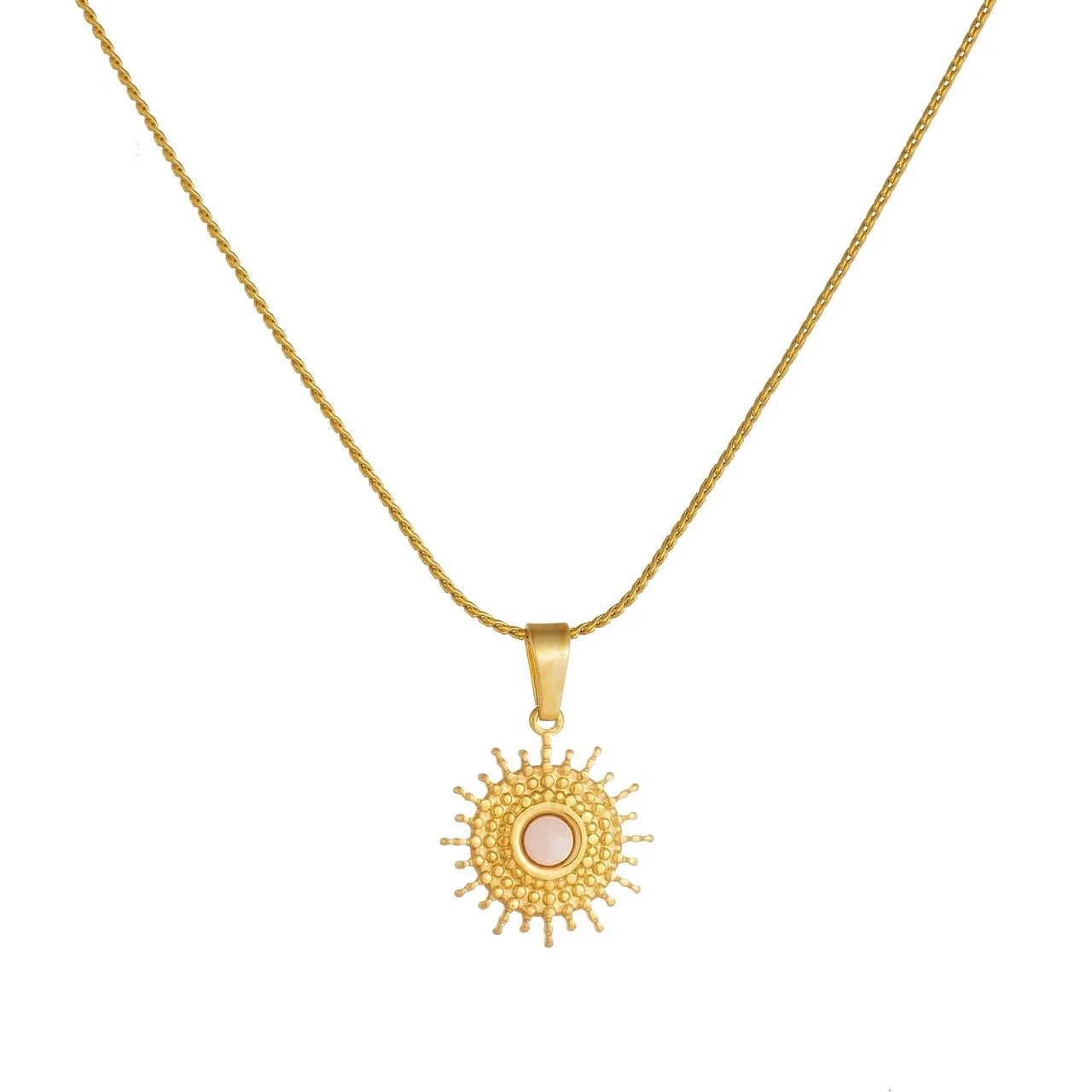 Sun Pendant Necklace with Pink Round Center, Gold-Plated Steel