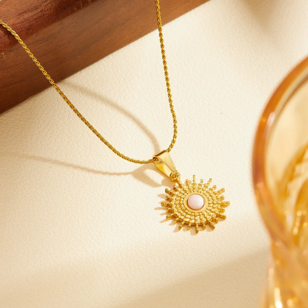 Sun Pendant Necklace with Pink Round Center, Gold-Plated Steel