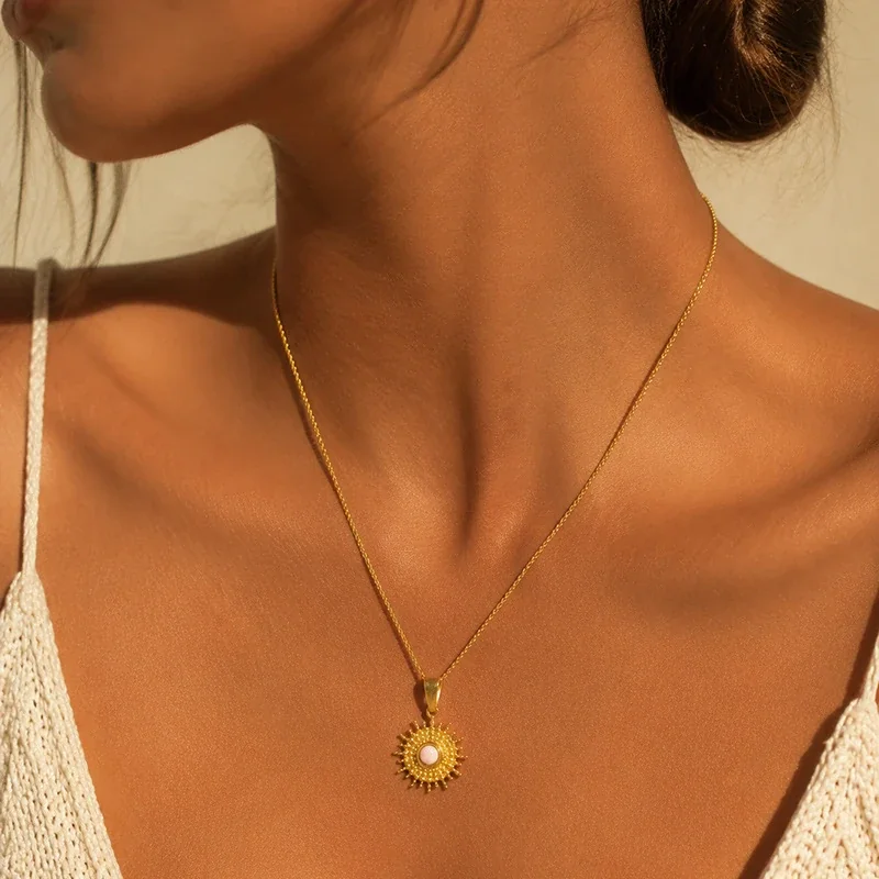 Sun Pendant Necklace with Pink Round Center, Gold-Plated Steel