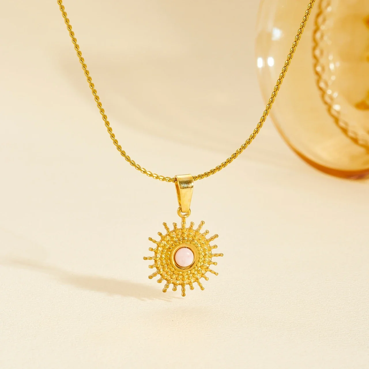 Sun Pendant Necklace with Pink Round Center, Gold-Plated Steel