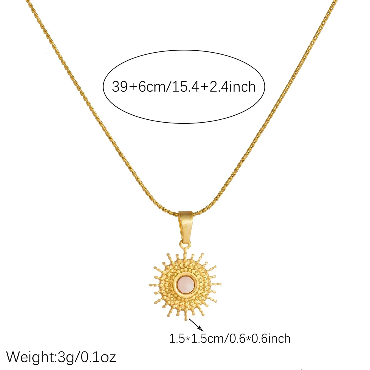 Sun Pendant Necklace with Pink Round Center, Gold-Plated Steel