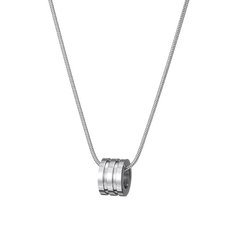 Minimal Silver-Tone Snake Chain Grooved Barrel Pendant Necklace