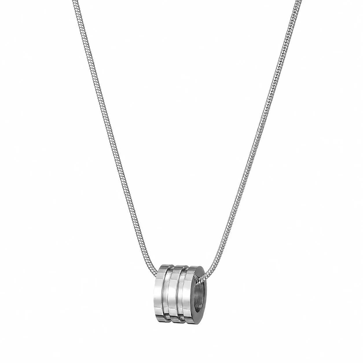 Minimal Silver-Tone Snake Chain Grooved Barrel Pendant Necklace