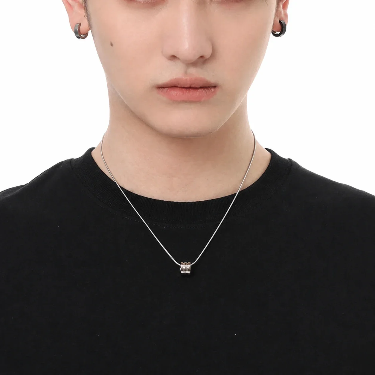 Minimal Silver-Tone Snake Chain Grooved Barrel Pendant Necklace