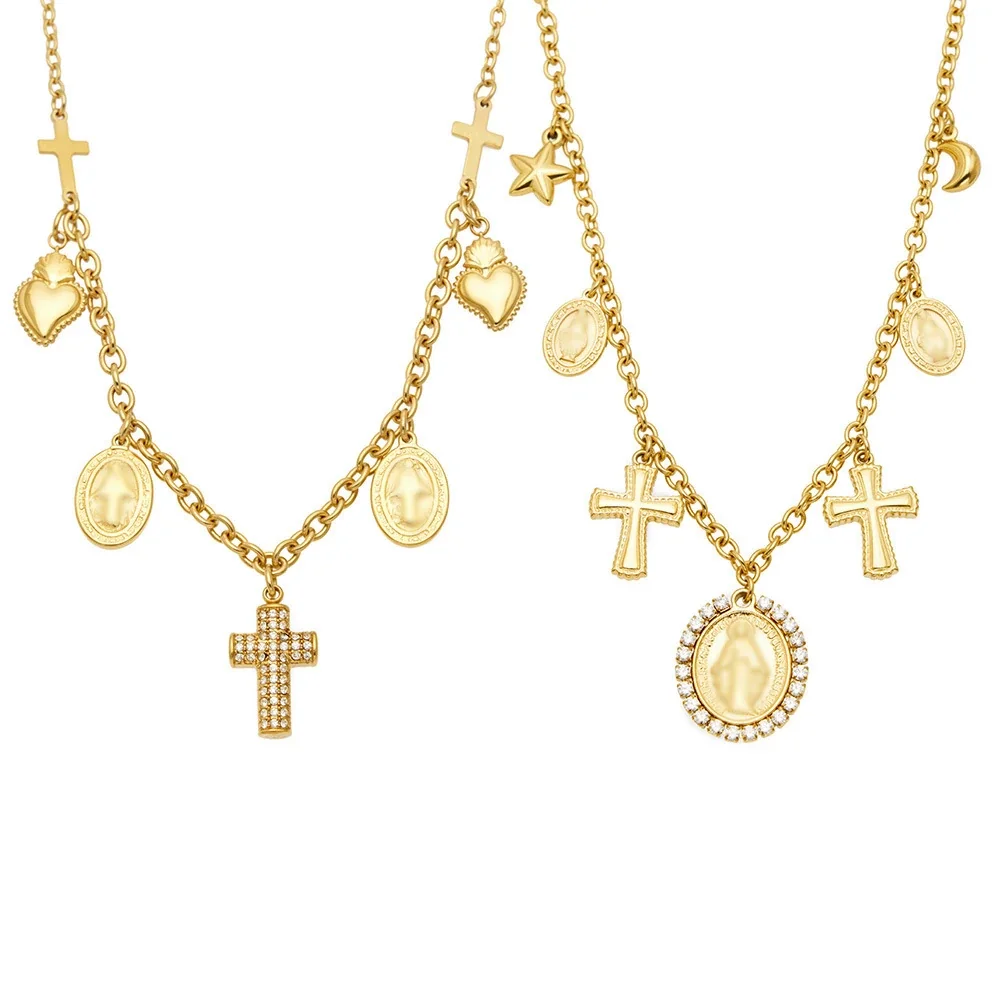 Sacred Cross Medal Charm 316 Stainless Steel 18K Gold PVD Necklace