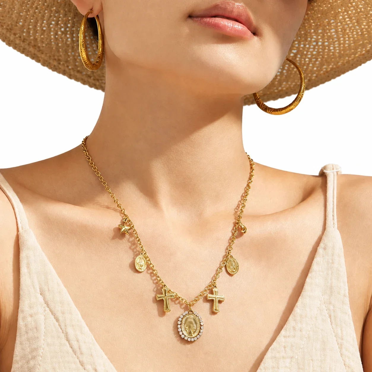Sacred Cross Medal Charm 316 Stainless Steel 18K Gold-Plated Necklace