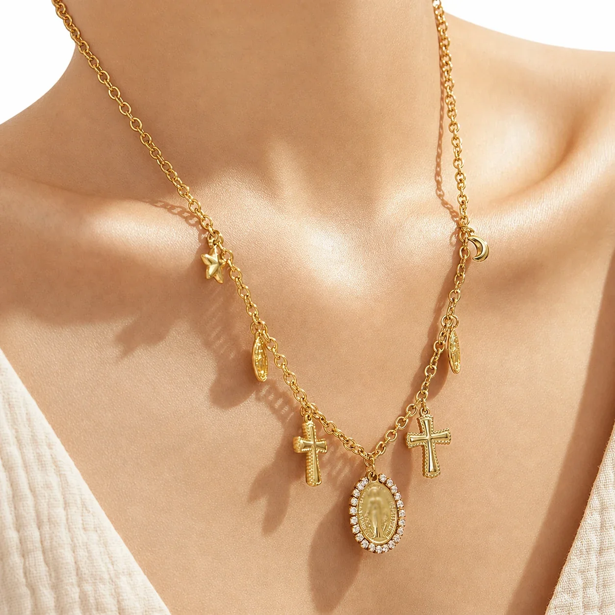 Sacred Cross Medal Charm 316 Stainless Steel 18K Gold-Plated Necklace
