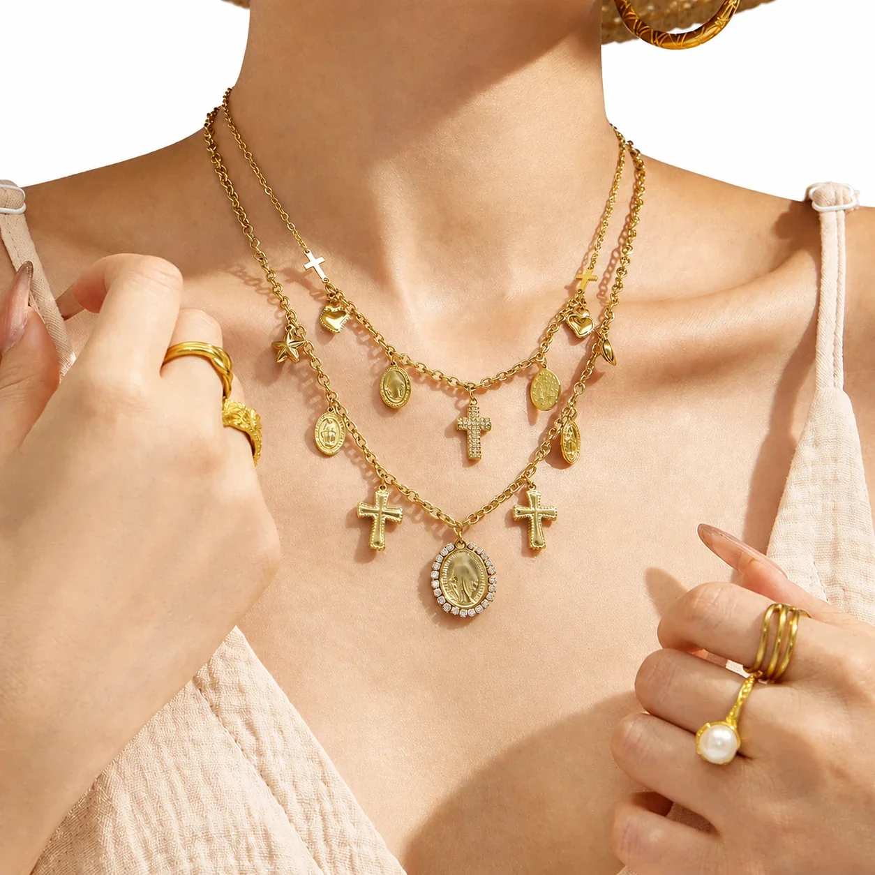 Sacred Cross Medal Charm 316 Stainless Steel 18K Gold-Plated Necklace