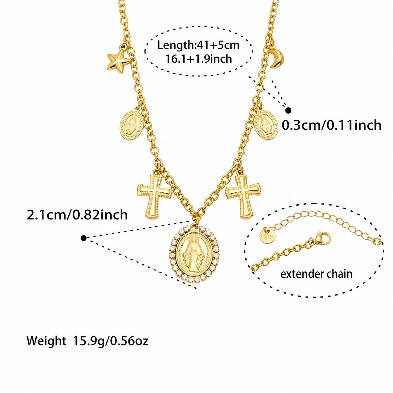 Sacred Cross Medal Charm 316 Stainless Steel 18K Gold-Plated Necklace - Gold 41+5 cm