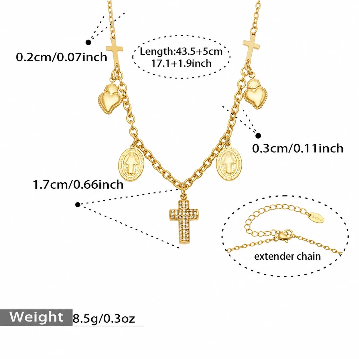 Sacred Cross Medal Charm 316 Stainless Steel 18K Gold-Plated Necklace - Gold 43.5+5 cm