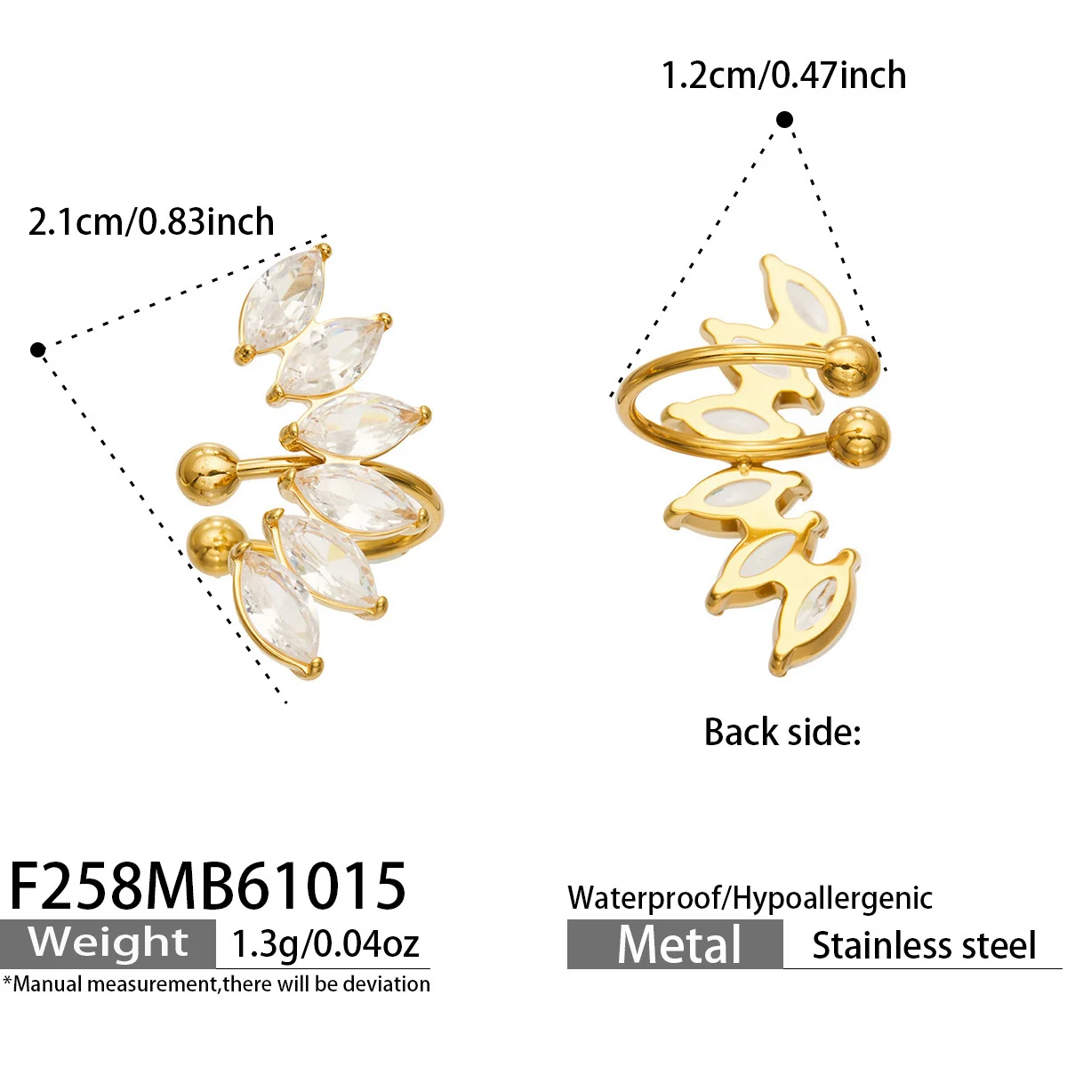 Ear cuff met marquise-CZ-bladspray, verguld staal productfoto