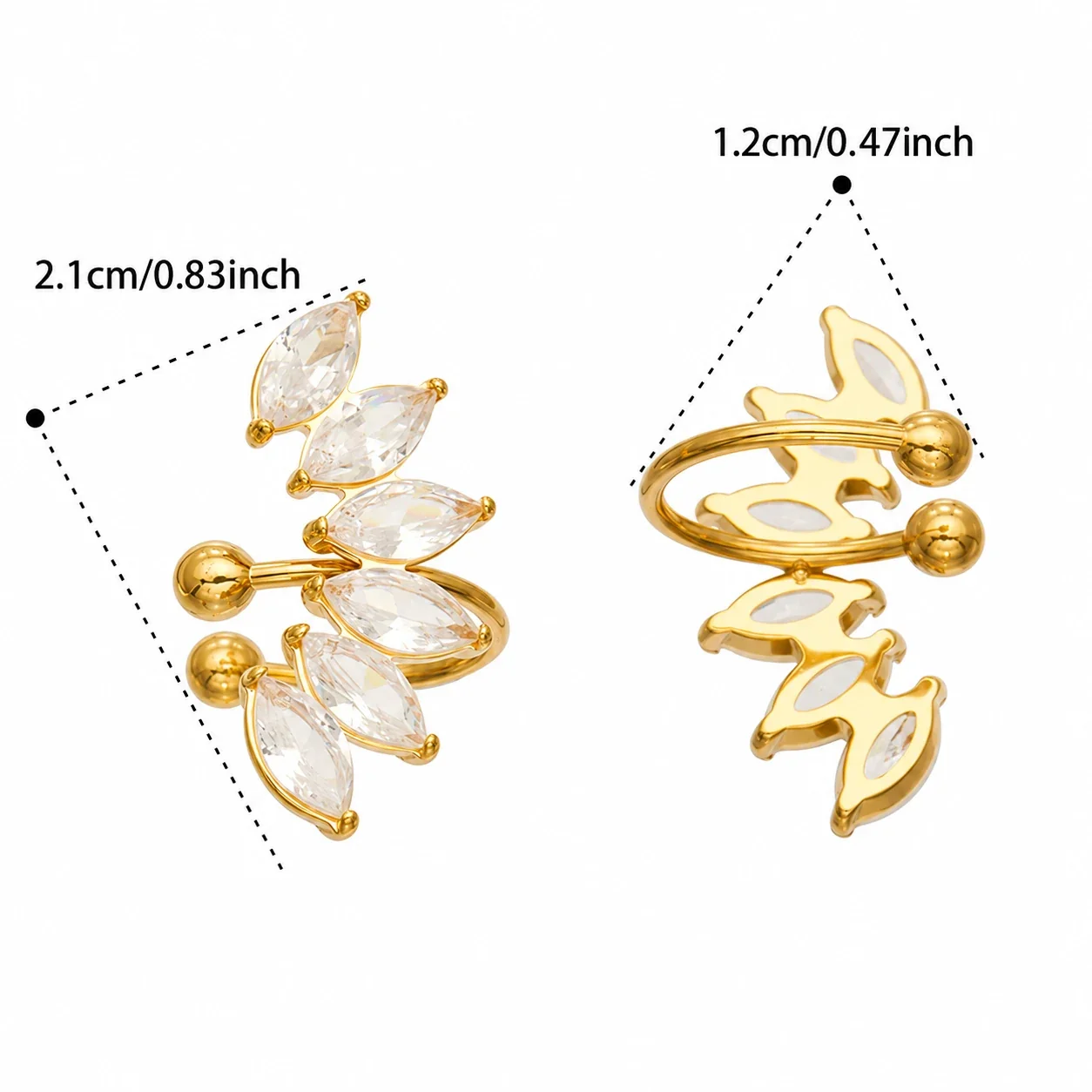 Ear cuff met marquise-CZ-bladspray, verguld staal productfoto