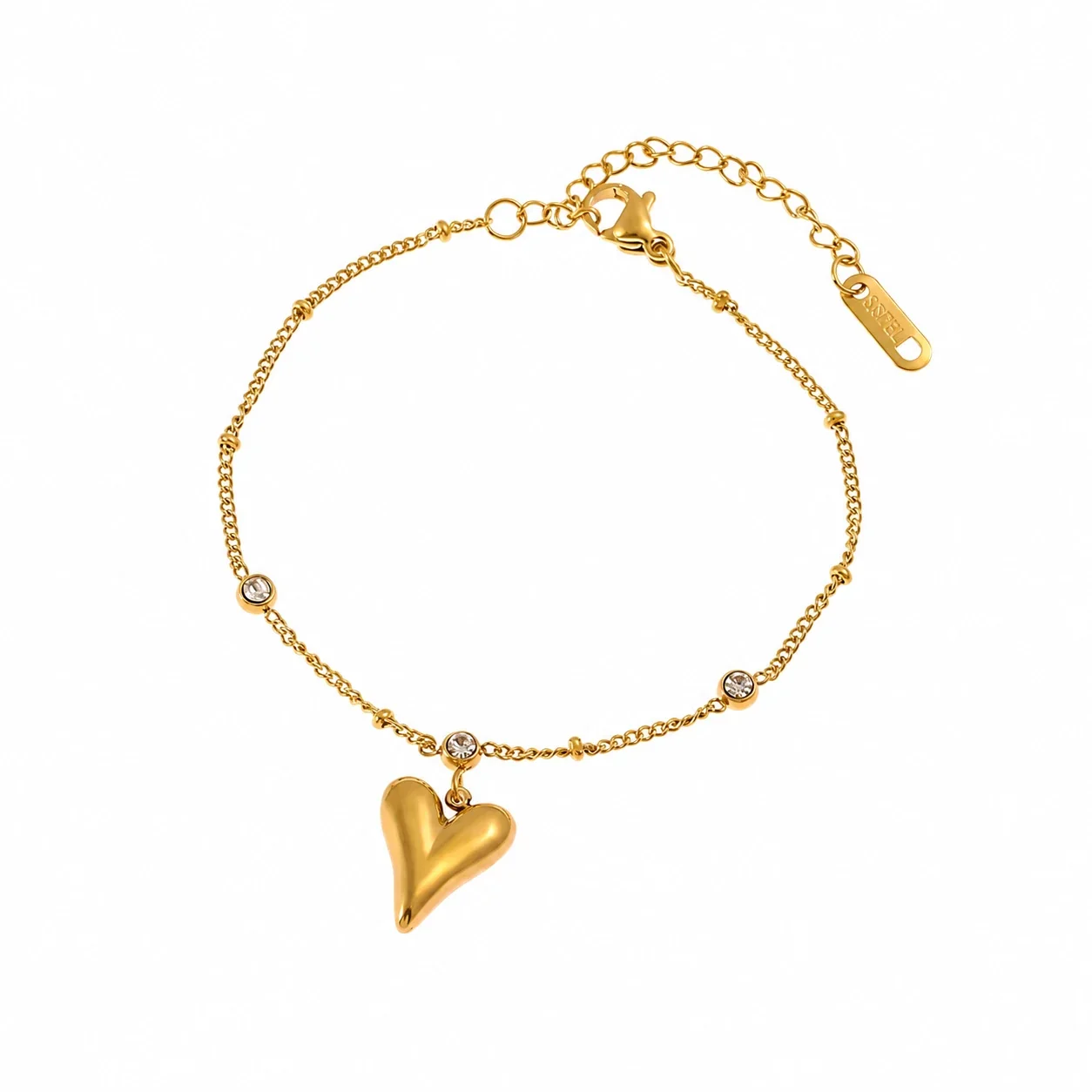 Heart Charm Crystal Chain Bracelet in 18K Gold-Plated Steel