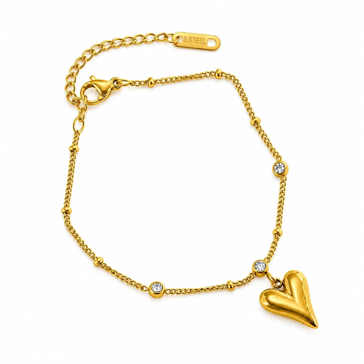 Heart Charm Crystal Chain Bracelet in 18K Gold-Plated Steel