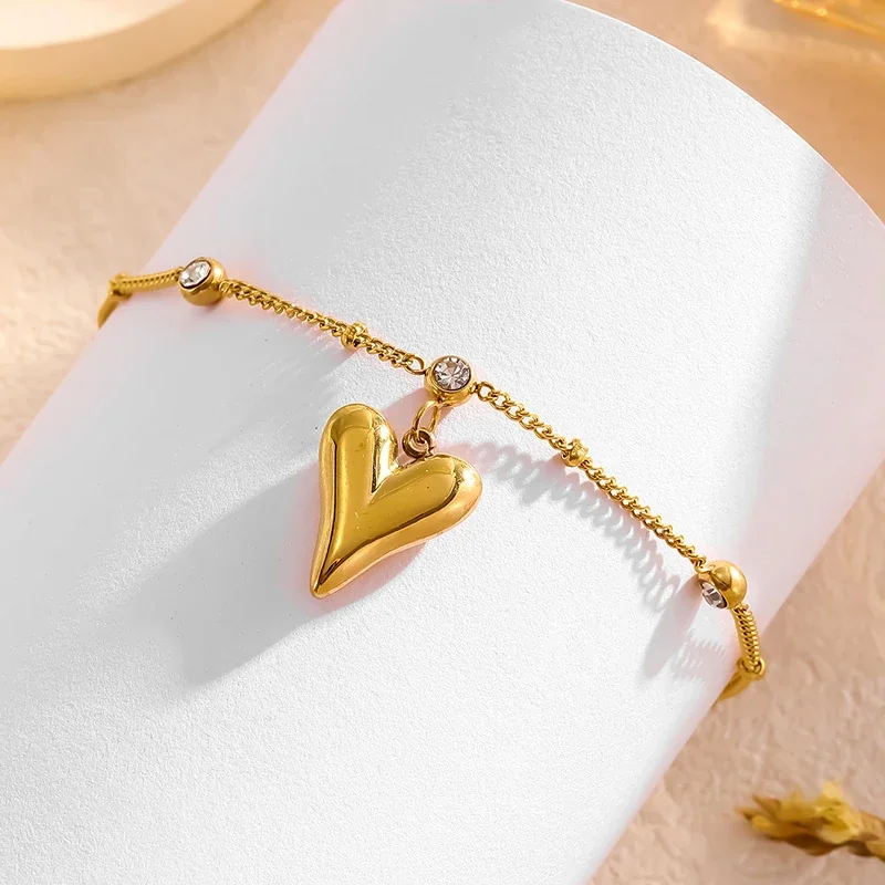 Heart Charm Crystal Chain Bracelet in 18K Gold-Plated Steel