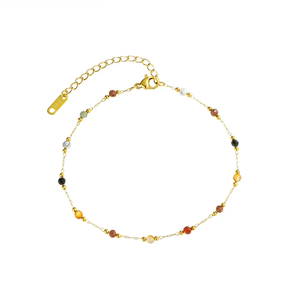 Anklet with Multicolor Faceted Beads in Gold-Tone Stainless Steel