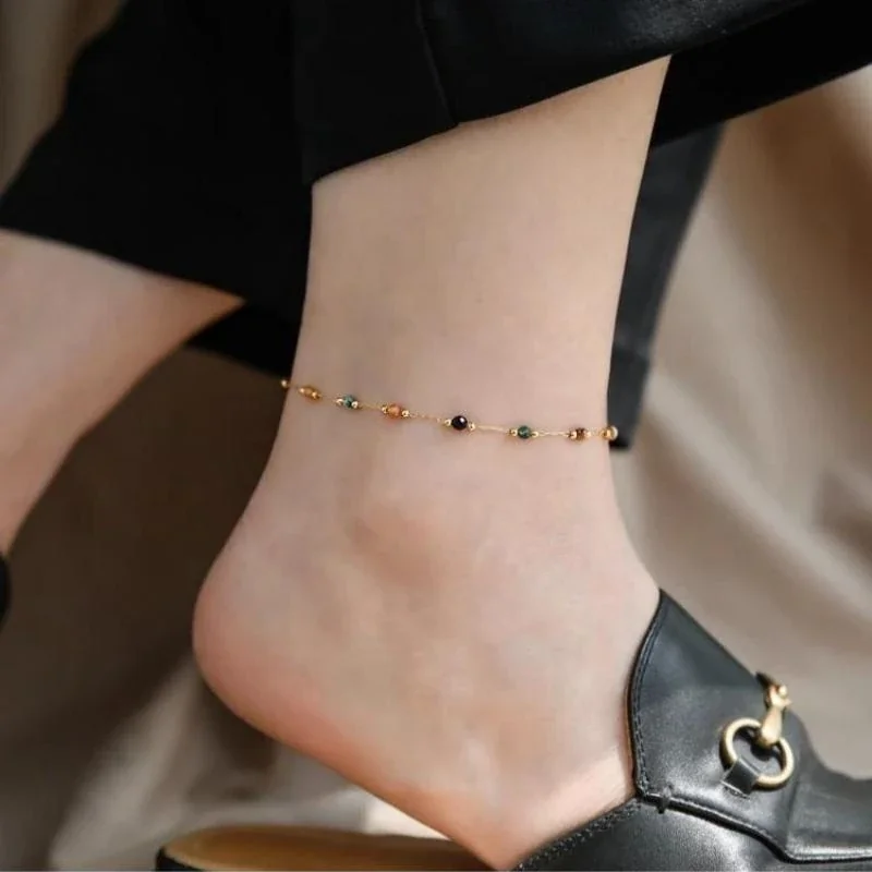 Anklet with Multicolor Faceted Beads in Gold-Tone Stainless Steel