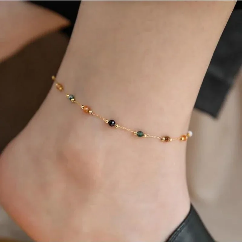 Anklet with Multicolor Faceted Beads in Gold-Tone Stainless Steel