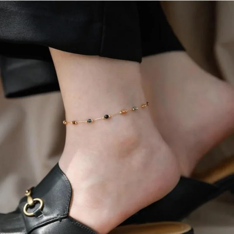 Anklet with Multicolor Faceted Beads in Gold-Tone Stainless Steel
