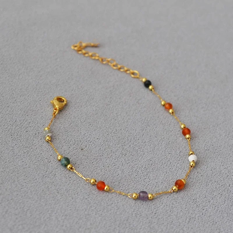 Anklet with Multicolor Faceted Beads in Gold-Tone Stainless Steel