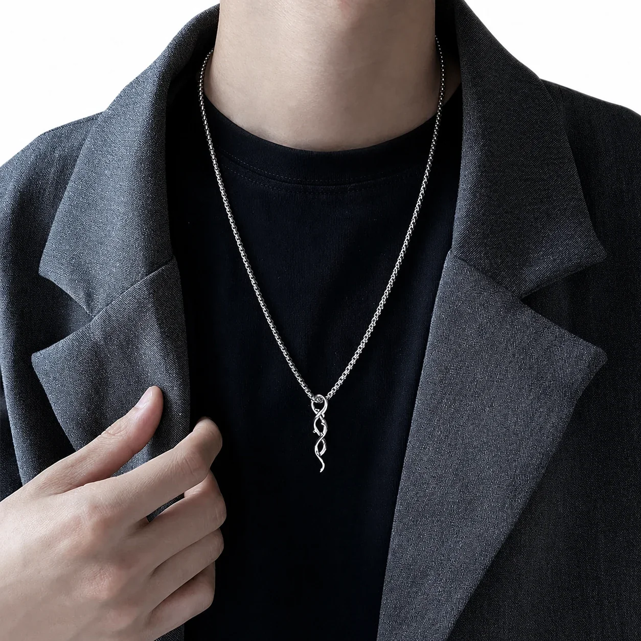 Sculptural Stainless Steel Bead Chain Thorn Pendant Necklace