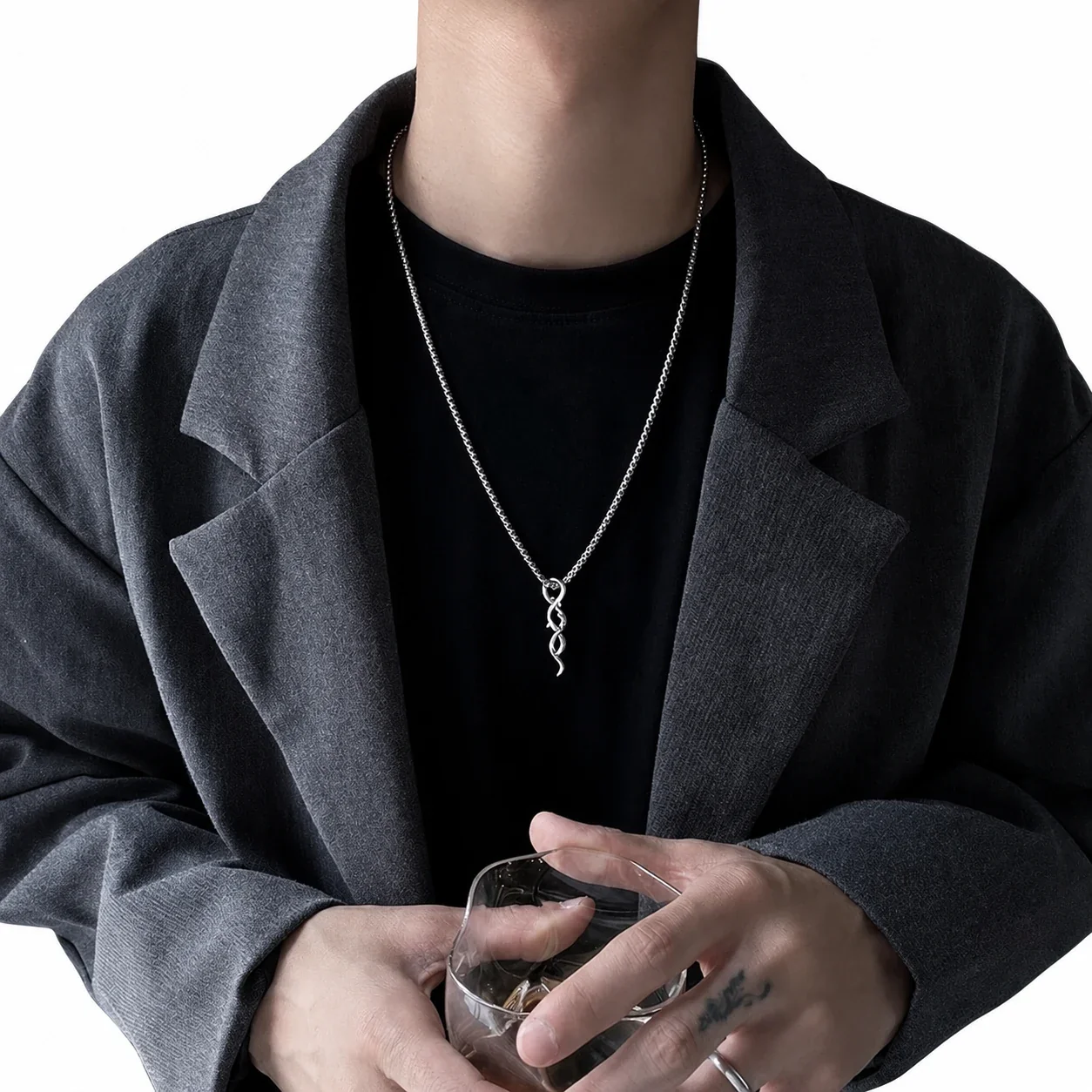 Sculptural Stainless Steel Bead Chain Thorn Pendant Necklace