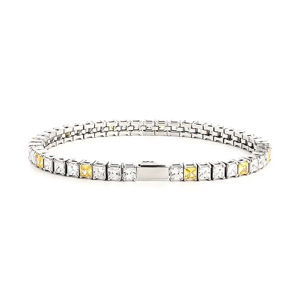 Polished 316 Stainless Steel Square CZ Tennis Bracelet - Silver mm Square White + Yellow