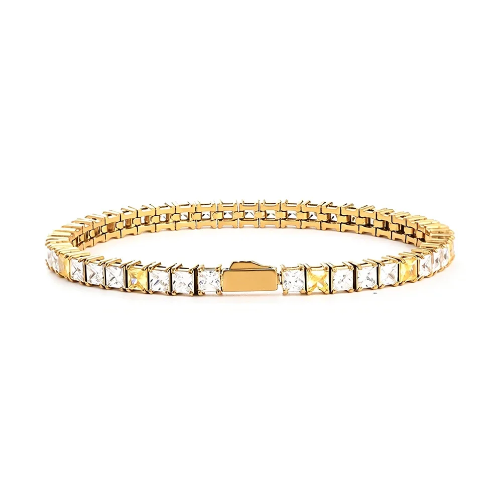 Polished 316 Stainless Steel Square CZ Tennis Bracelet - Gold mm Square White + Yellow