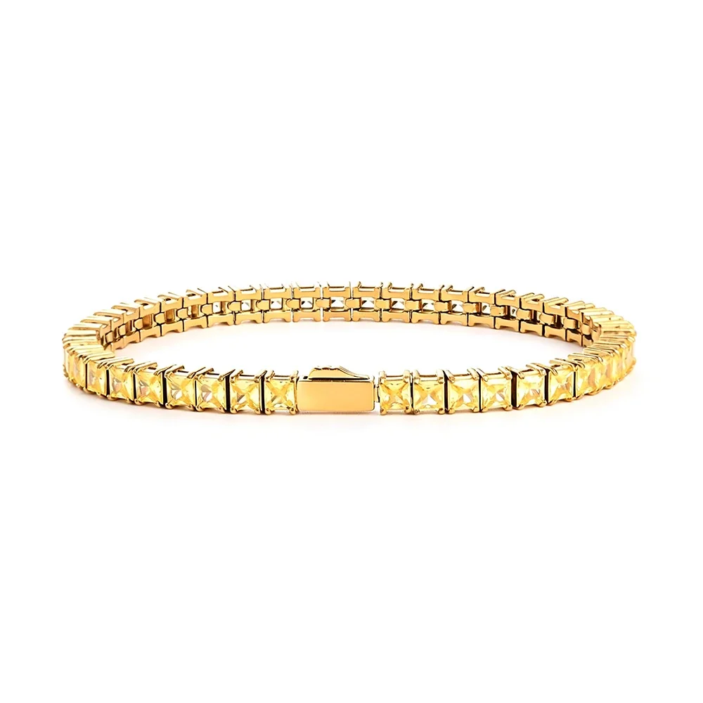 Polished 316 Stainless Steel Square CZ Tennis Bracelet - Gold mm Square Yellow