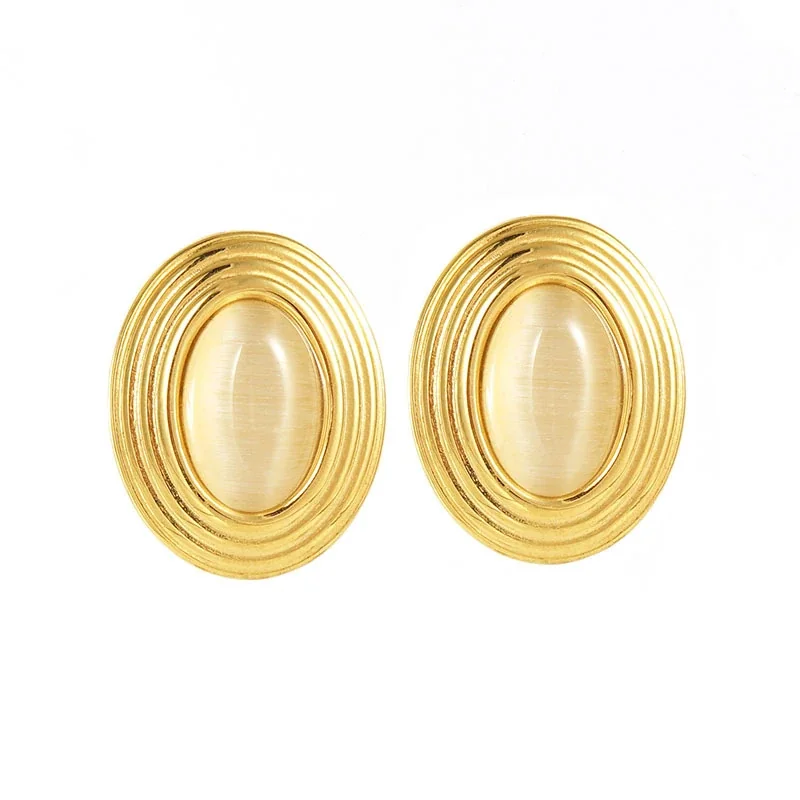 Retro 18K Gold-Plated Oval Cabochon Ribbed Stud Earrings