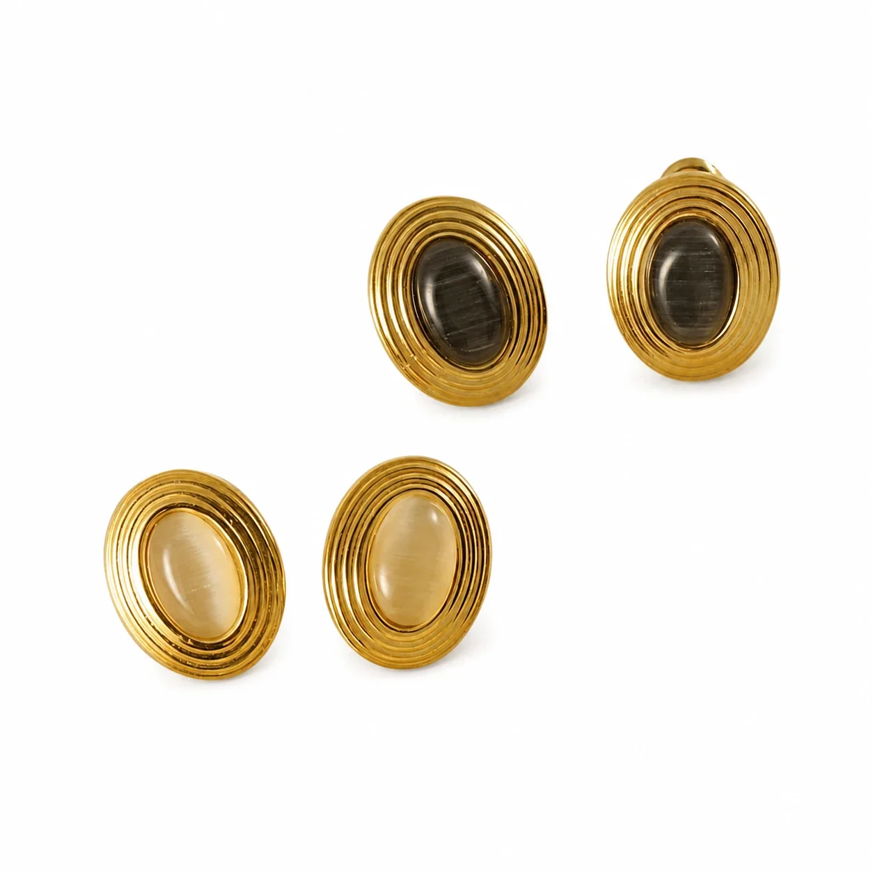 Retro 18K Gold-Plated Oval Cabochon Ribbed Stud Earrings