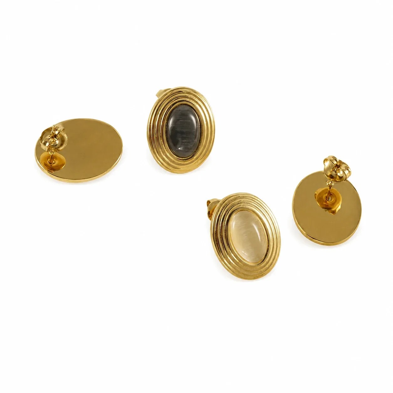 Retro 18K Gold-Plated Oval Cabochon Ribbed Stud Earrings