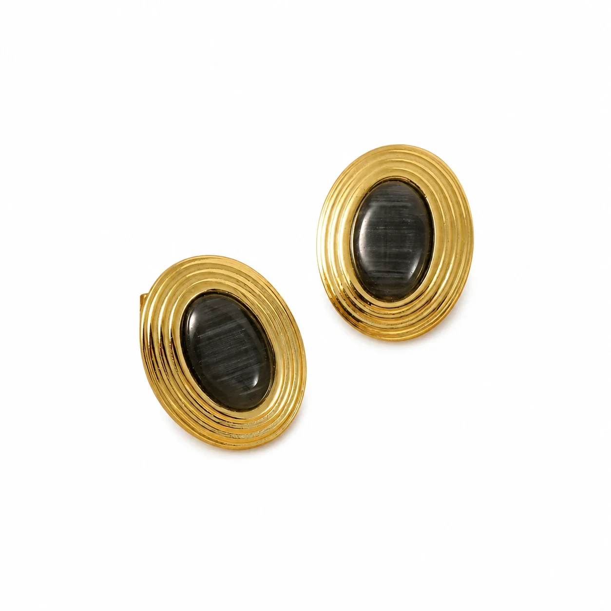 Retro 18K Gold-Plated Oval Cabochon Ribbed Stud Earrings