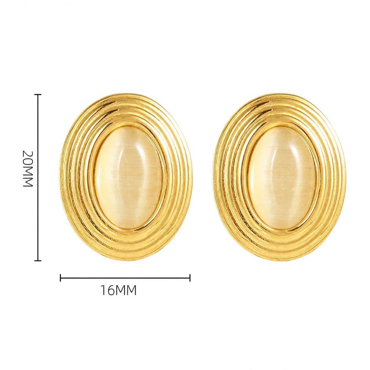 Retro 18K Gold-Plated Oval Cabochon Ribbed Stud Earrings - White Natural Stone