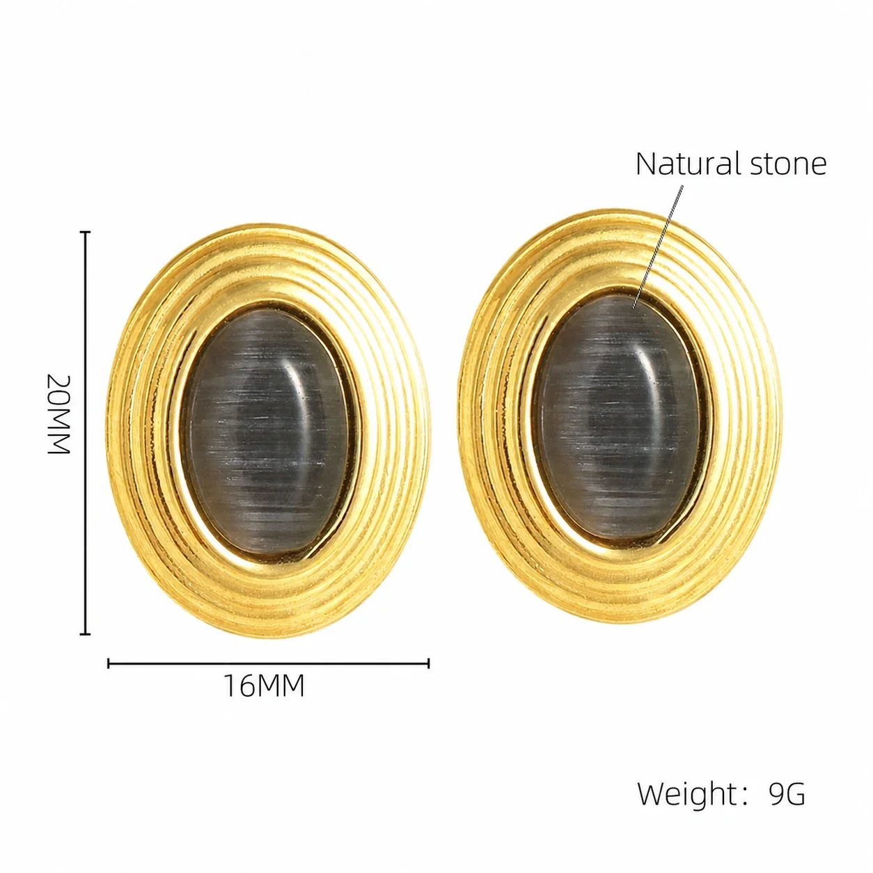 Retro 18K Gold-Plated Oval Cabochon Ribbed Stud Earrings - Black Natural Stone