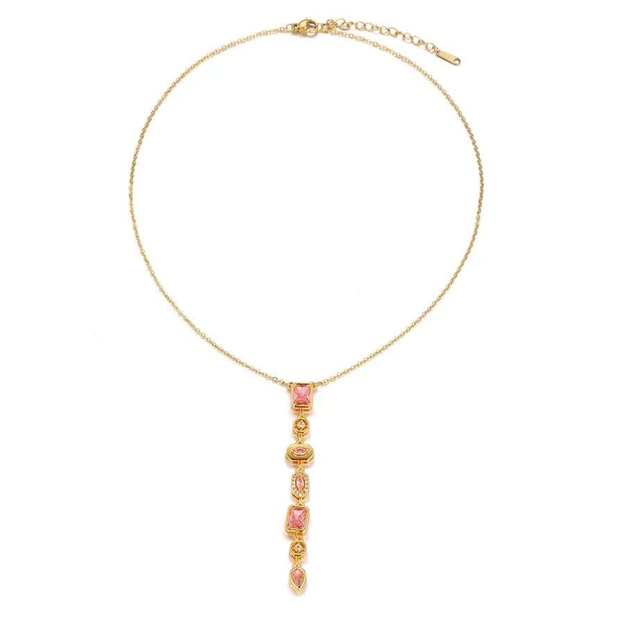 Pendant Necklace with Geometric CZ Drop, Gold-Plated Steel