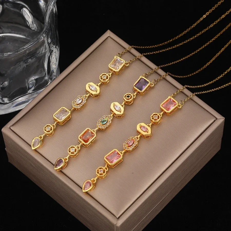 Pendant Necklace with Geometric CZ Drop, Gold-Plated Steel