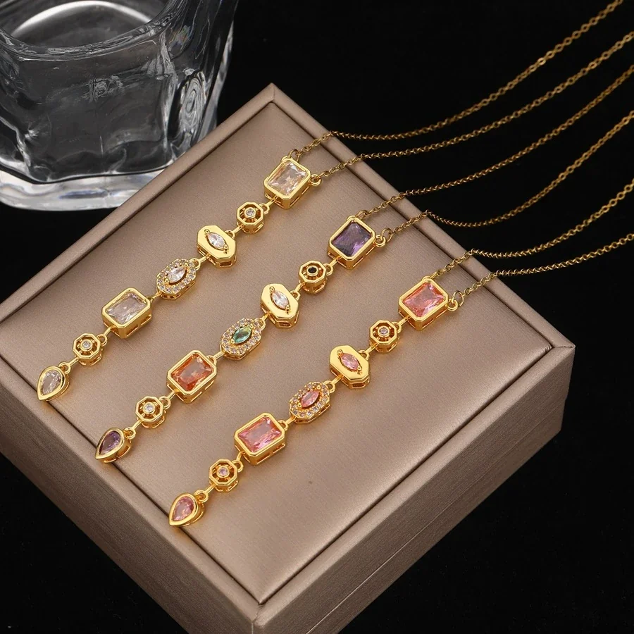 Pendant Necklace with Geometric CZ Drop, Gold-Plated Steel